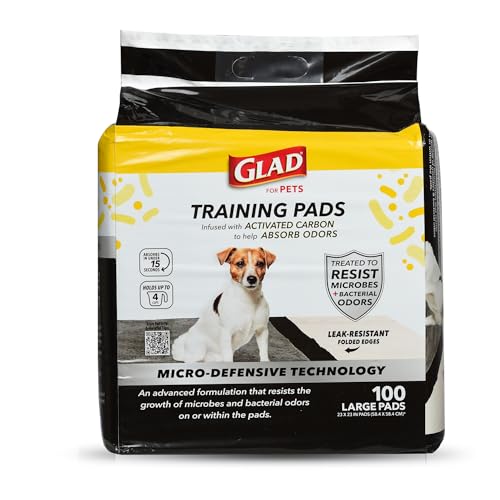 Glad for Pets Activated Carbon Puppy Training Pads with Anti-Microbial Technology, Odor Control Pee Mats for Dogs, 6-Layer Leak-Proof Heavy Duty Indoor Potty Pads, 23 x 23 Inches, 100 Count - size: 100 Count (Pack of 1)