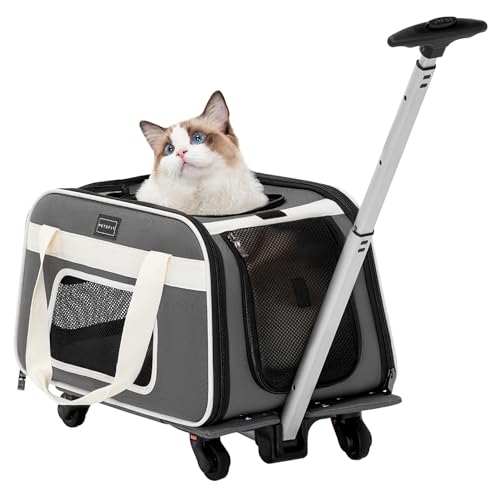 PETSFIT Airline Approved Cat Carrier with Wheels Designed for Small Dogs/Cats with Adjustable Safety Rope & Removable Wheels - color: Medium Gray, size: 20.1"L x 12.2"W x 14.2"H