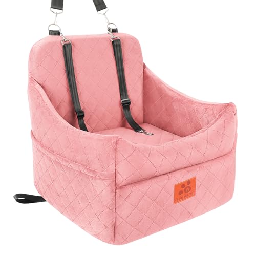 Dog Car Seat for Small/Medium Dogs, Dog Booster Car Seats with Thick Cushion for Dogs Under 35lbs, Detachable Washable Pet Bed with Storage Pockets, 2 Safety Belts (Pink) - color: Pink