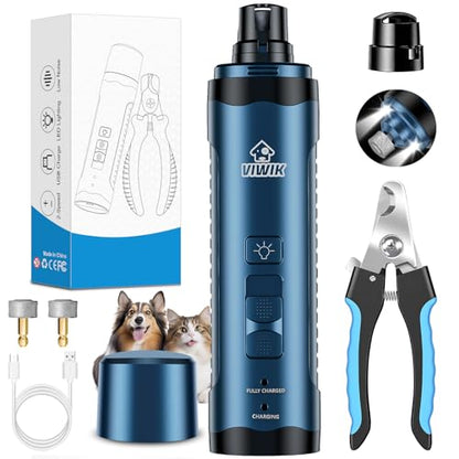VIWIK Dog Nail Grinder, Dog Nail Trimmers with LED Lights, Pet Nail Clippers Kit for Large Medium Small Dogs & Cats, 2-Speed Quiet Electric USB Rechargeable Pet Paws Grooming Tool Blue - color: Blue+Blue