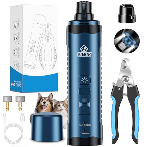 VIWIK Dog Nail Grinder, Dog Nail Trimmers with LED Lights, Pet Nail Clippers Kit for Large Medium Small Dogs & Cats, 2-Speed Quiet Electric USB Rechargeable Pet Paws Grooming Tool Blue - color: Blue+Blue