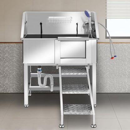 Stainless Steel Dog Washing Station, Pet Grooming Tub W/Storage Stairs, Faucet & Showerhead & Soap Holder Dog Bathtub for Large & Medium & Small Pets,34" R-RAMP - color: 34" R-RAMP