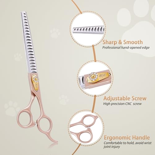 Professional Dog Grooming Scissors Rose Gold 440C Stainless Steel Straight Thinning Curved Chunker Shears for Pet Grooming Services Dogs and Cats (Chunker, 7‘’) - size: 7‘’, style: Chunker