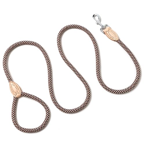 Mile High Life Dog Leash, Rope Leash with Genuine Leather Connection and Heavy Duty Metal Clasp, Great for Small Medium Large Dogs(Brown Check,48 Inch) - color: Rope Handle-Brown Check, size: 48 Inch-1/2"