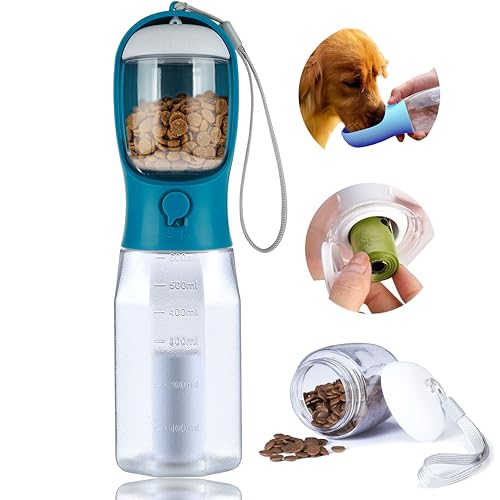 Dog Water Bottle with Food Container, Portable Pet Dog Water Dispenser for Outdoor Walking,Hiking,Travel,Puppy Essentials,Puppy Supplies,Replaceable Waste Bags - color: Navy Blue, size: 20oz