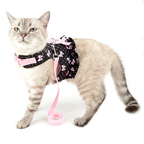 Zunea No Pull Small Dog Girl Harness Dress Escape Proof Cat Kitten Vest Harness Leash Set Step-in Soft Cotton Padded Polka Dot Jacket Chihuahua Puppy Clothes with Cute Bow for Walking Black XS - color: black bows, size: XS (Chest:12.2-13.7", Neck:8.2-9.4"