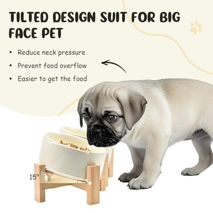 SPUNKYJUNKY 15° Slanted Ceramic Dog and Cat Bowl with Wooden Stand, Tilted Bulldog Food and Water Bowl No Slip Non-Spill for Cats Medium Dogs Big Face Pets 28.7 OZ (3.6 Cups, Beige × 2) - color: Beige, size: 3.6 CUPS × 2
