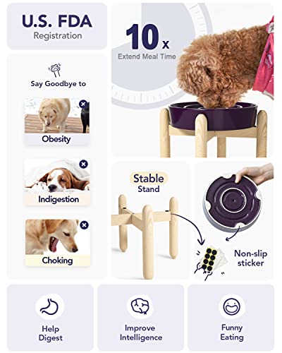 LE TAUCI Ceramic Slow Feeder Dog Bowls Elevated, 3 Cup Raised Bowl with Wooden Stand for Medium Large Breed, Slow Down Eating, Puzzle Dog Food Bowl, Maze Purple - color: Maze Purple+Stand, size: L-3 Cups