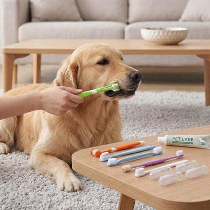 Finger Rubber Pet Toothbrush Set, Triple Head Double Head Dog Toothbrush for Multi Angle Oral Cleaning of Dog Cat (Set 1)