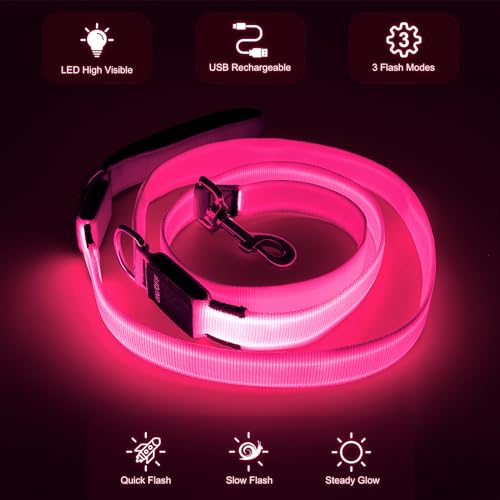 Colaseeme LED Light Up Dog Leash, USB Rechargeable (6FT,Pink) | Glow in dark, reflective, USB-C rechargeable, bright LED for night safety, fits medium to large dogs - color: Pink, size: 6FT