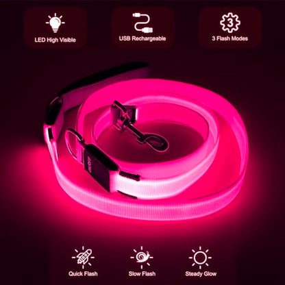Colaseeme LED Light Up Dog Leash, USB Rechargeable (6FT,Pink) | Glow in dark, reflective, USB-C rechargeable, bright LED for night safety, fits medium to large dogs - color: Pink, size: 6FT