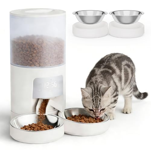 DUMOS 6L Automatic Cat Feeder for 2 Cats, Timed Pet Food Dispenser with 2 Stainless Bowls, 10s Voice Recorder, Dual Power Supply, 6 Meals 50 Portions Per Day, Dual Pet Feeder for Cat and Dog, White - color: White, size: 6L
