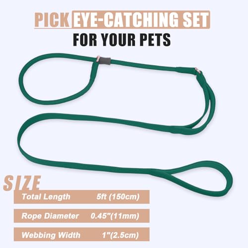 Slip Lead Dog Leash, Dog Training Leash with Double Handle, Soft Leather Slip Leash and Collar, Heavy Duty Nylon Dog Lead, No Pull Walking for Medium Large Small Dogs 5ft Dark Green - color: Dark Green, size: 5ft