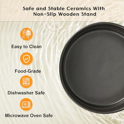 SPUNKYJUNKY Ceramic Elevated Dog Bowls 2 Pack - 8.3inch Raised Dog Bowls with Non-Slip Wooden Stand for Large Dogs Dishwasher Safe(Black,60OZ*2) - color: Black, size: Large - 7.6 CUPS*2