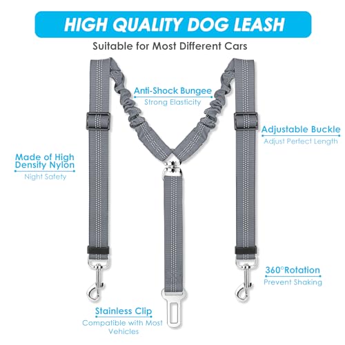SlowTon Dog Seat Belt, Double Dog Seatbelt Adjustable Vehicle Safety Leash with Elastic Bungee Buffer, Reflective No Tangle Y Shape Two Dog Harness Seat Belt Splitter for Pets Car Trip (Grey, M) - color: G.Grey, size: 2 Medium in 1