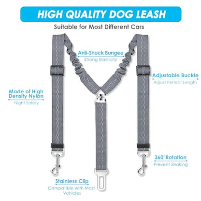 SlowTon Dog Seat Belt, Double Dog Seatbelt Adjustable Vehicle Safety Leash with Elastic Bungee Buffer, Reflective No Tangle Y Shape Two Dog Harness Seat Belt Splitter for Pets Car Trip (Grey, M) - color: G.Grey, size: 2 Medium in 1