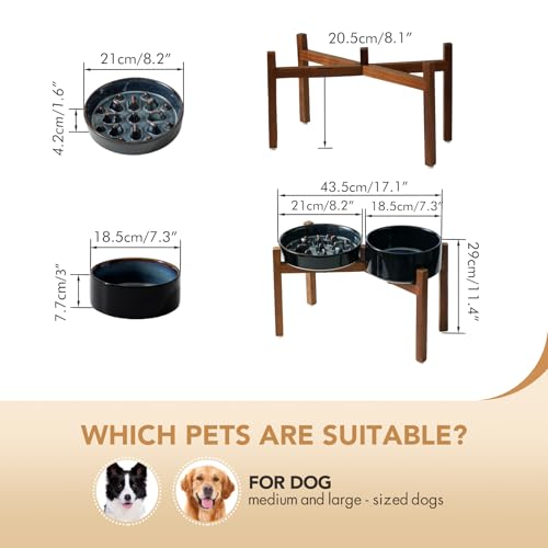 Havniva 1.6 Cup Elevated Slow Feeder Dog Bowls, 8.2” Dog Slow Feeding Bowls + 7.3” Ceramic Dog Water Bowls Set with Acacia Wood Stand Dog Food Bowls Puzzle Feeder for Medium Dogs Non-Slip Anti-choking - color: 2 x Starry Sky + Stand - C, size: L- 8.2inch