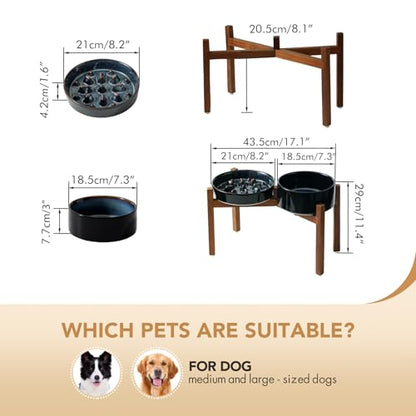 Havniva 1.6 Cup Elevated Slow Feeder Dog Bowls, 8.2” Dog Slow Feeding Bowls + 7.3” Ceramic Dog Water Bowls Set with Acacia Wood Stand Dog Food Bowls Puzzle Feeder for Medium Dogs Non-Slip Anti-choking - color: 2 x Starry Sky + Stand - C, size: L- 8.2inch