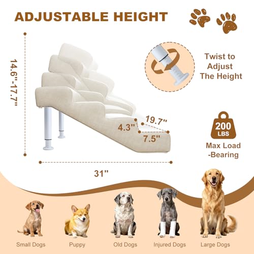 Linen Faux Leather Adjustable Dog Stairs & Steps for Bed and Sofa,4-Step | Adjustable Height 14.5"-17.7" Pet Ramp for Small to Large Dogs,150lbs Load Capacity,Waterproof, Scratch-Resistant