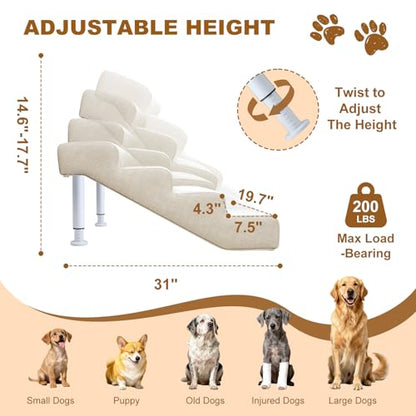 Linen Faux Leather Adjustable Dog Stairs & Steps for Bed and Sofa,4-Step | Adjustable Height 14.5"-17.7" Pet Ramp for Small to Large Dogs,150lbs Load Capacity,Waterproof, Scratch-Resistant