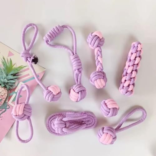 Dog Rope Toys, 7 Piece Cotton Teething and Chewing Set, Purple and Pink (Picture Color)
