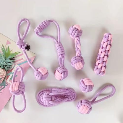 Dog Rope Toys, 7 Piece Cotton Teething and Chewing Set, Purple and Pink (Picture Color)