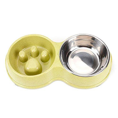 Tineer Double Pet Dog Slow Feeder Bowl,Stainless Steel Anti-Choke Puppy Food and Water Feeder for Dog Cats (Green) - color: Green