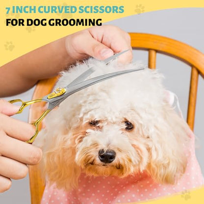 7 Inch Curved Dog Grooming Scissors Made Of 440C Stainless Steel Professional Downward Curved Pet Face Trimming Shears with Jewelled Screw, Sharp & Comfortable for Groomers - style: Gold Down-curved