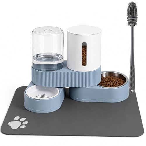 Gravity Cat Feeder and Water Dispenser 2 Pack Automatic Stainless Steel Feeder Bowls with Silicone Mat and Brush Set, Dry Food and Water Dispenser for Cats Small Medium Dogs(Blue) - color: Blue-With mat/brush