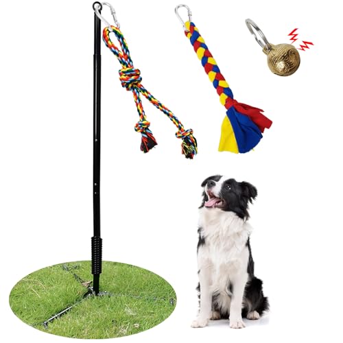 Tether Outdoor Dog Toy,Interactive Exercise Game in Yard Park Tug of War for Large Medium Small Dog Puppy with 2 Rope Toy and Bell Pull Chase and Solo Play