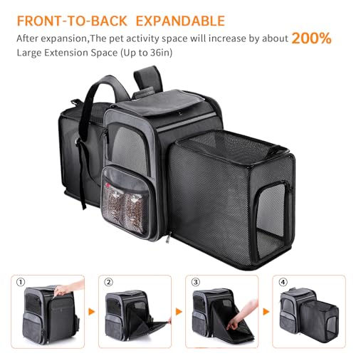 Cat Backpack Carrier,Double Side Expandable Cat Carrier Backpack,Dog Carrier Backpack for Medium Cats and Small Dogs,Puppies Up to 20 Lbs,Pets Carrier Backpack with Breathable Mesh(Grey) - color: Grey + Black Mesh