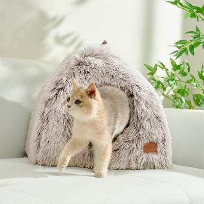 CATISM Cat Bed, Cat Cave for Indoor Cats, Soft Cat Dome, Self-Warming 2 in 1 Foldable Pet Cat House with Washable Cushioned Pillow Calming Fluffy Dog Beds for Small Dogs with Anti-Slip Bottom Brown - color: Brown