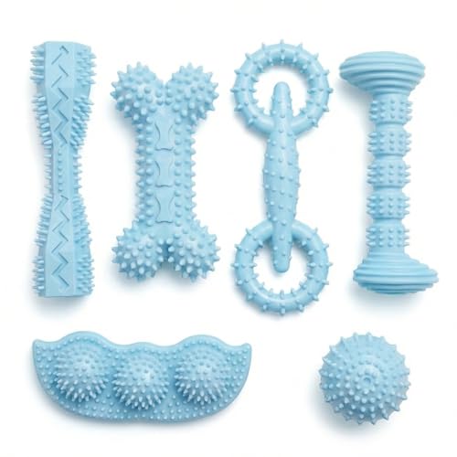 Puppy Chew Toys 6 Pack, Soft TPR Teething Toys for Puppies 2–10 Months, BPA Free Non Toxic Set with Treat Dispensing Stick, Tug Ring & Squeaky Ball for Small Medium Dogs (Blue) - color: Blue