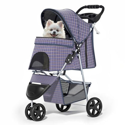 MoNiBloom 3 Wheels Pet Dog Cat Stroller for Small Medium Dogs Cats, Lightweight Foldable Jogger Stroller w/Storage Basket and Cup Holder, Plaid - color: Plaid