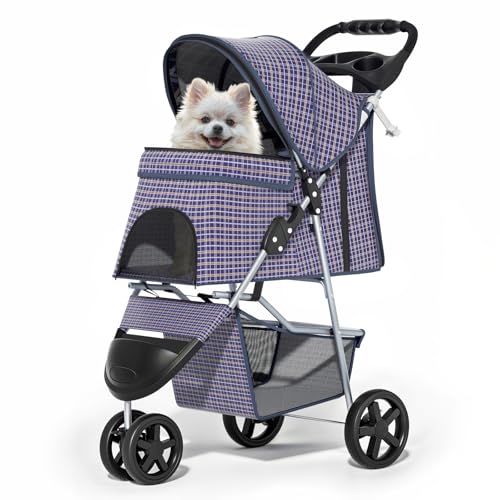 MoNiBloom 3 Wheels Pet Dog Cat Stroller for Small Medium Dogs Cats, Lightweight Foldable Jogger Stroller w/Storage Basket and Cup Holder, Plaid - color: Plaid