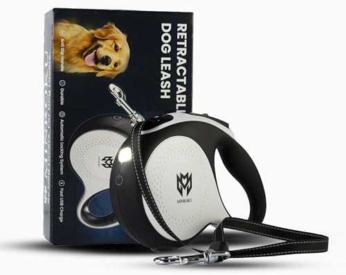 16ft Tough ABS Casing Retractable Dog Leash with Light - Suitable for Dogs Up to 55lbs - Tangle Free 360 Rotation & One Hand Brake Lock System - No Pull, Suitable for Training & Walking