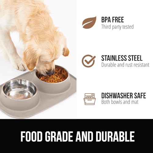 GORILLA GRIP Dog Bowl Set with Slip Resistant Silicone Feeding Mat, Food Grade 304 Stainless Steel Bowls, BPA Free, High Edge Spill Containment, Dishwasher Safe, Finger Notch Removal, 1 Cup, Beige - color: Beige, size: 1 Cup Bowls