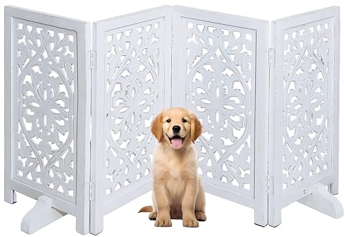 Free Standing Dog Gate – 4 Panel Foldable Wooden Pet gate Indoor 56" W x 28" H, Hand-Carved Solid Wood & MDF,Portable Indoor gate for Doorways, Halls, Stairs – Fully Assembled, White Finish - color: White, size: 56"x28" Lily 4 Panels