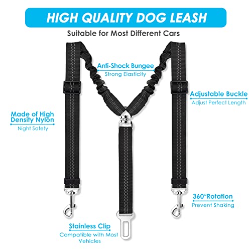 SlowTon Dog Seat Belt, Double Dog Seatbelt Adjustable Vehicle Safety Leash with Elastic Bungee Buffer, Reflective No Tangle Y Shape Two Dog Harness Seat Belt Splitter for Pets Car Trip (Black, S) - color: A.Black, size: 2 Small in 1