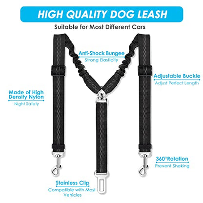 SlowTon Dog Seat Belt, Double Dog Seatbelt Adjustable Vehicle Safety Leash with Elastic Bungee Buffer, Reflective No Tangle Y Shape Two Dog Harness Seat Belt Splitter for Pets Car Trip (Black, S) - color: A.Black, size: 2 Small in 1