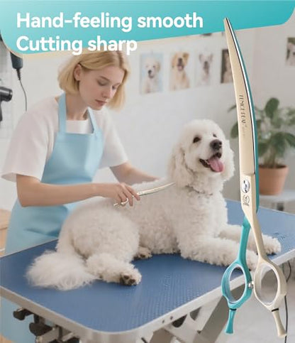 Curved Dog Grooming Scissors with Coating 440C Stainless Steel, 7 inch Professional Curved Shears Dog Grooming，25 Degree of Curved Blade，Pet Shear for Trimming Face and Paws, Green & White - color: Green&white