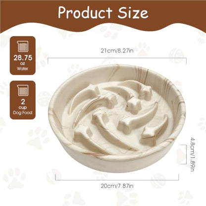 Slow Feeder Dog Bowls Ceramic– 2 Cup Slow Feeding Bowl for Small and Medium Breed, Puzzle Dog Food Bowl for Fast Eater,Brown Marble Pattern