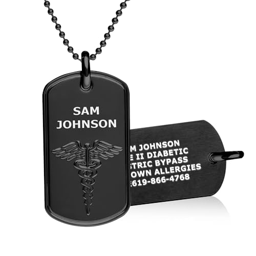 Divoti Custom Laser Engraved Medical Alert Necklace for Men | 28" Ball Chain with Lobster | Personalized Dog Tag ID with Black caduceus | Stainless Steel, Durable Waterproof Design - color: PVD Black, style: 24" Ball Chain