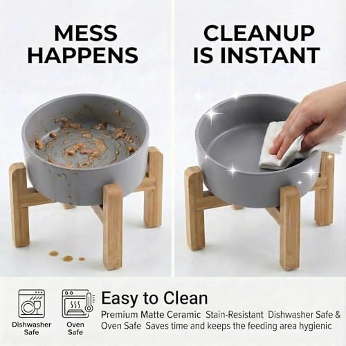 hjn Elevated Ceramic Dog Bowl 15°Slanted Raised Dog Bowl with Bamboo Stand for Small Medium Dogs and Cats, Pet Feeder -7.6-Cup (1800ml)-Gray - color: Misty Gray, size: 7.6Cup
