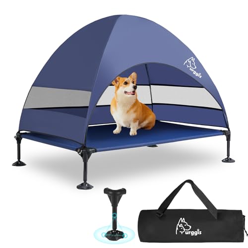 Upgraded Elevated Dog Bed with Canopy, Portable Raised Outdoor Dog Bed with Stable Anti-Slip Feet, Wider Shade Pet Bed Cot, Raised Dog Beds for Large Dogs Camping, Indoor & Outdoor Use - color: Dog Canopy-Navy Blue, size: 42.0"L x 30.0"W x 33.0"Th