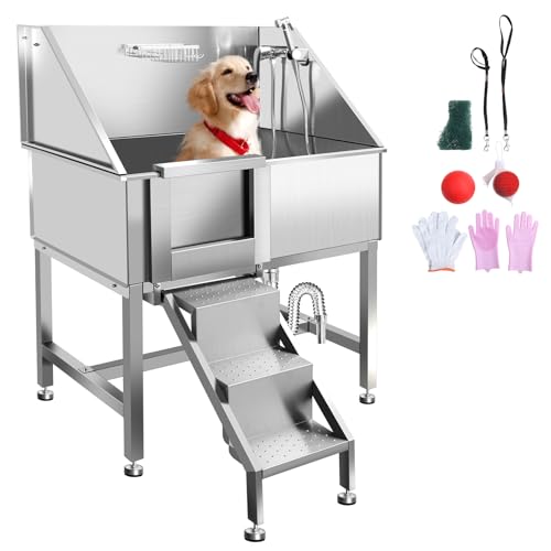 38" Dog Bathing Station, Professional Dog Washing Station Stainless Steel Dog Grooming Tub for Home,Equipped with Three Anti-Slip Steps, Removable Door, Pet Wash Station for Pet,L-RAMP - color: L-RAMP