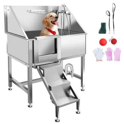 38" Dog Bathing Station, Professional Dog Washing Station Stainless Steel Dog Grooming Tub for Home,Equipped with Three Anti-Slip Steps, Removable Door, Pet Wash Station for Pet,L-RAMP - color: L-RAMP