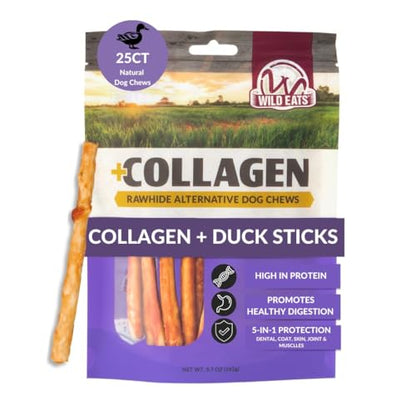 Wild Eats Real Duck Collagen Bully Sticks for Dogs (25 Pack,5 Inch) Long Lasting Dog Chews No Hide Dog Treat Bully Stick Alternative, Rawhide Free, Grain Free, High Protein - size: 5.7 Ounce (Pack of 25)