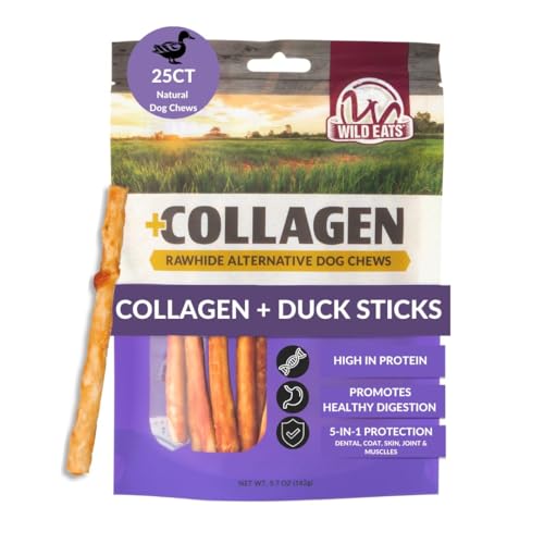 Wild Eats Real Duck Collagen Bully Sticks for Dogs, 25 Pack, Rawhide Free | No hide chew treat made without grain, 5 inch size, high protein, satisfies natural gnawing urges, suits all breeds - size: 5.7 Ounce (Pack of 25)