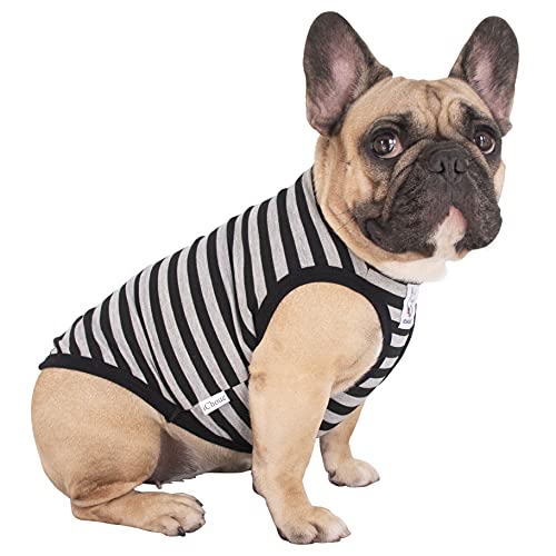 iChoue Pug 100% Breathable Cotton Striped T Shirts Halloween Vest Clothes for Medium Dogs Tank Tops Puppy French Bulldog Frenchie English Boston Terrier Pitbull Grey Black Stripes - Small - color: Classic Stripe Black Grey, size: Small ( 5 - 15 lbs )